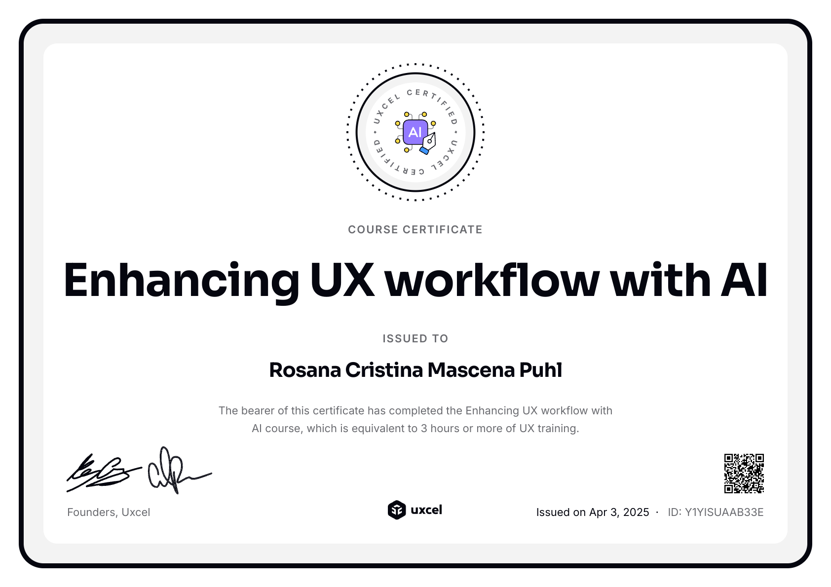 Rosana Cristina Mascena Puhl's certificate